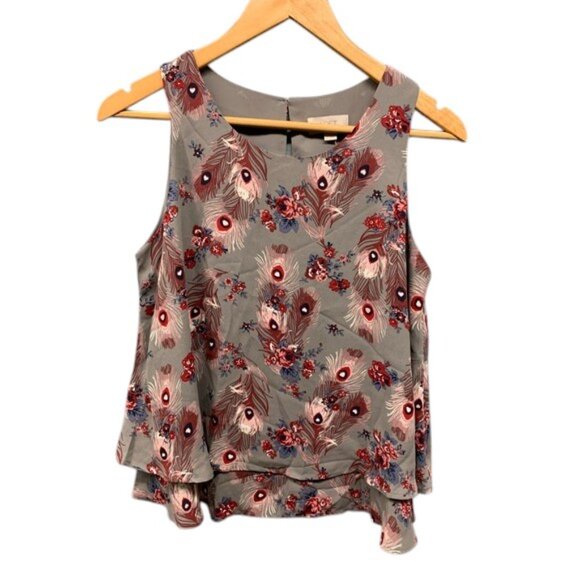 Loft Outlet Sleeveless Tiered Top Women’s Size S Gray Peacock Feather Floral NWT - Picture 2 of 11